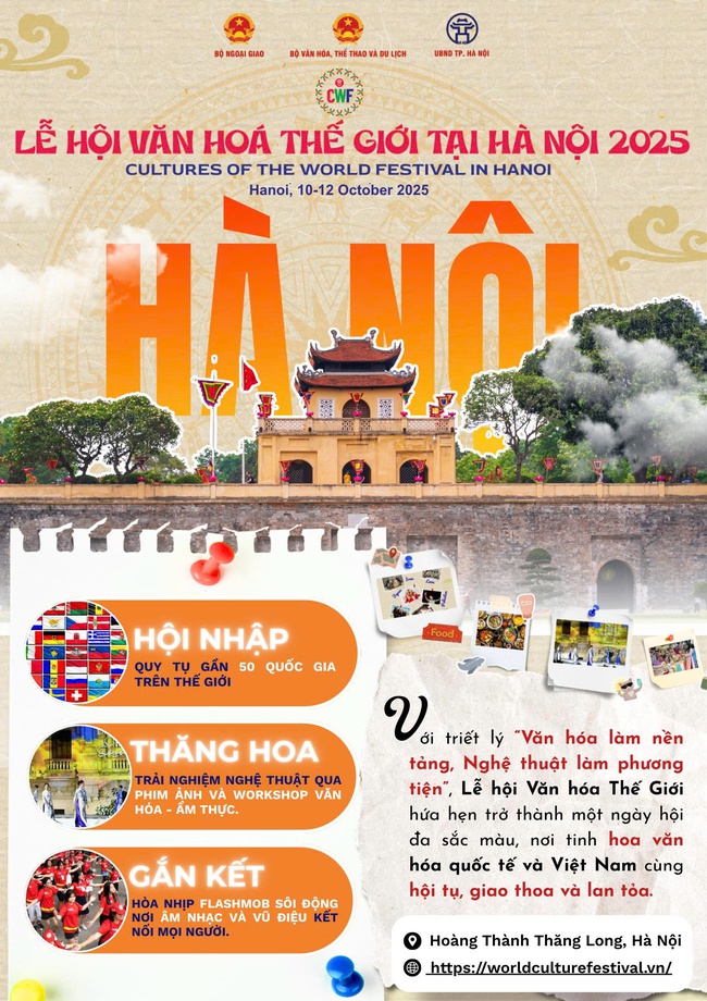 Ngày 10 - 12/10/2025, sẽ diễn ra 'Lễ hội Văn hóa thế giới tại Hà Nội lần thứ nhất', tại Hoàng thành Thăng Long.